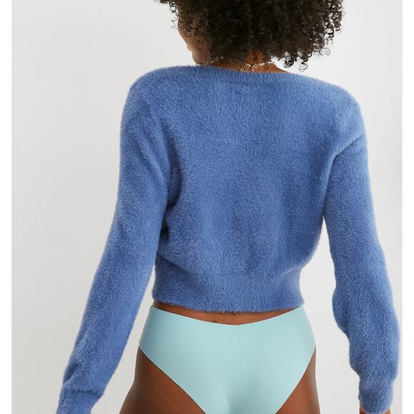 Aerie Fuzzy Cropped Cardigan Blue Deep V-Neck Button Front Size Small Soft #2926 - Picture 2 of 9